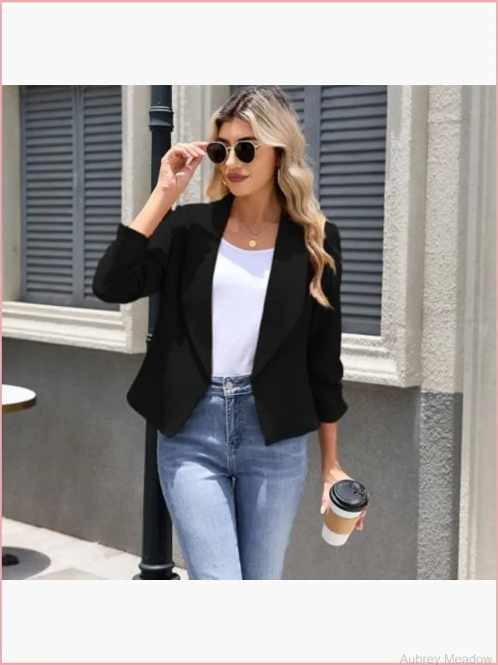 Casual Open Front Blazer 3/4 Sleeve Slim Fit Lightweight Work Jacket